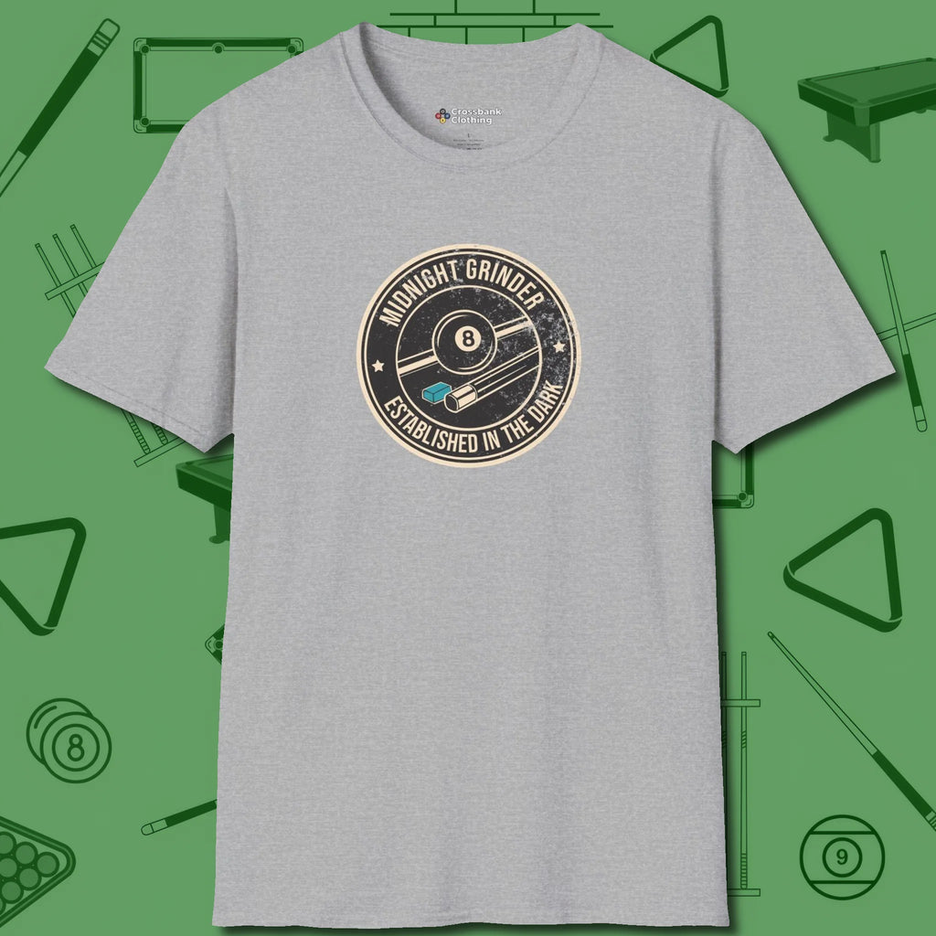 Midnight Grinder Badge T-Shirt, front view, in Sport Grey where style and cue discipline collide