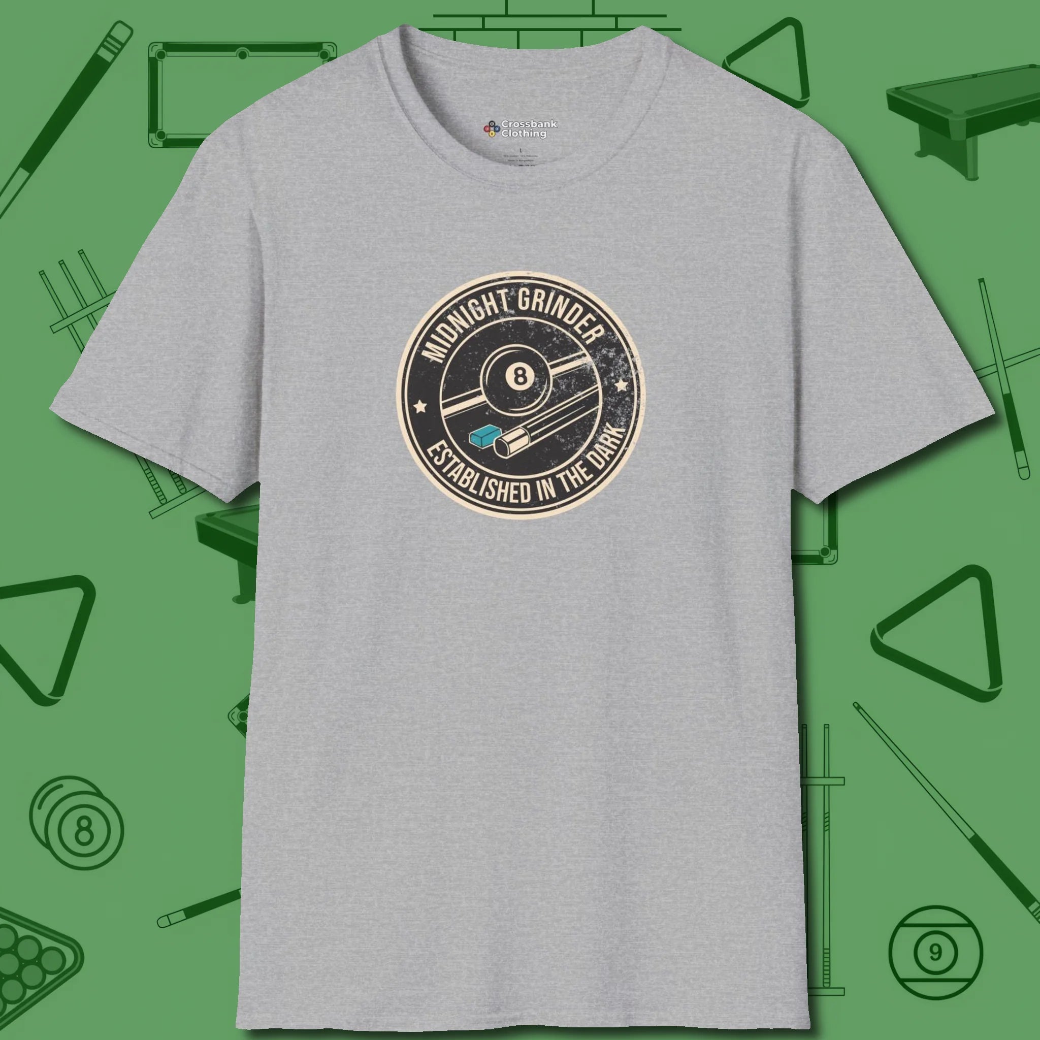 Midnight Grinder Badge T-Shirt, front view, in Sport Grey where style and cue discipline collide