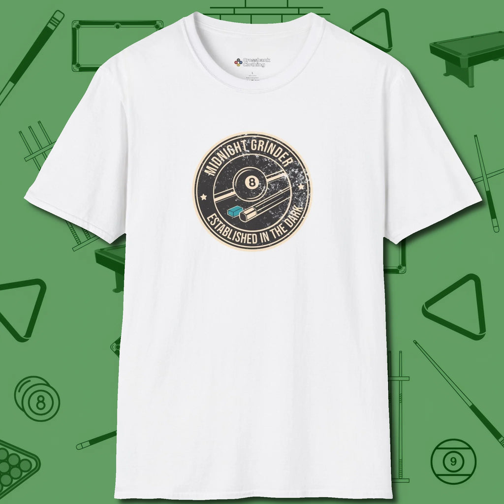 Midnight Grinder Badge T-Shirt, front view, in White confidence stitched in every seam