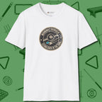 Midnight Grinder Badge T-Shirt, front view, in White confidence stitched in every seam