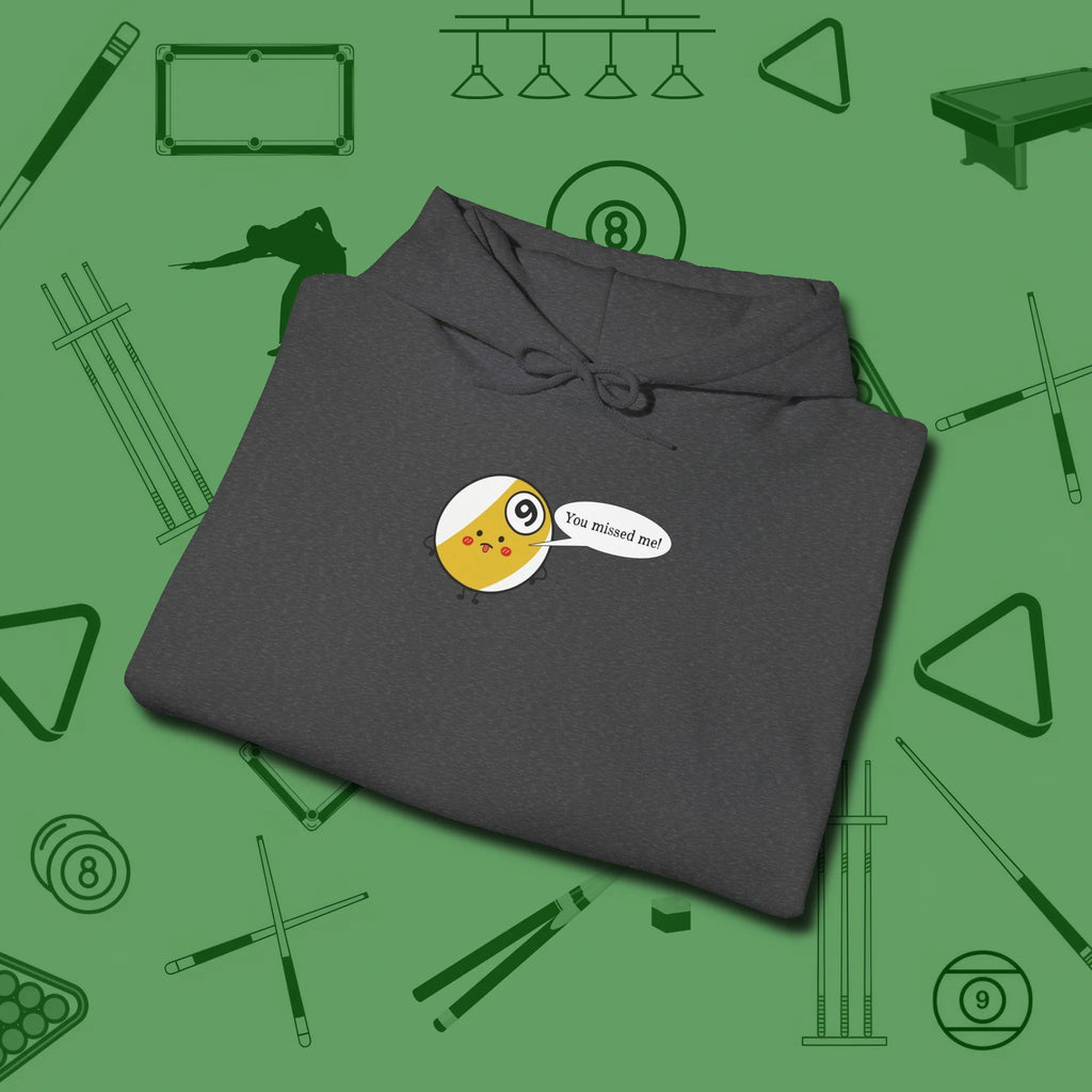 Missed Me Cartoon Nine Ball Hoodie, folded view, in Dark Heather cool enough for a corner pocket finish