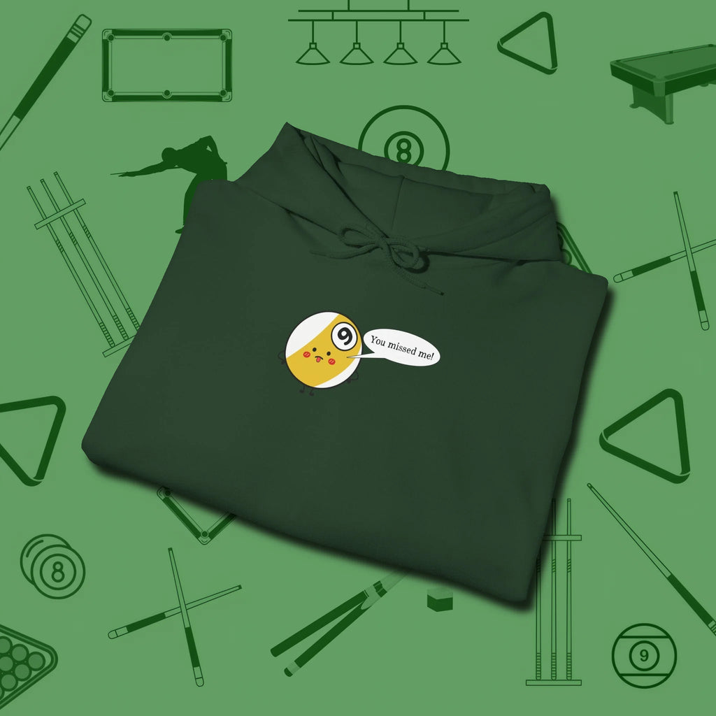Missed Me Cartoon Nine Ball Hoodie, folded view, in Forest Green cool under pressure, hot on the eyes