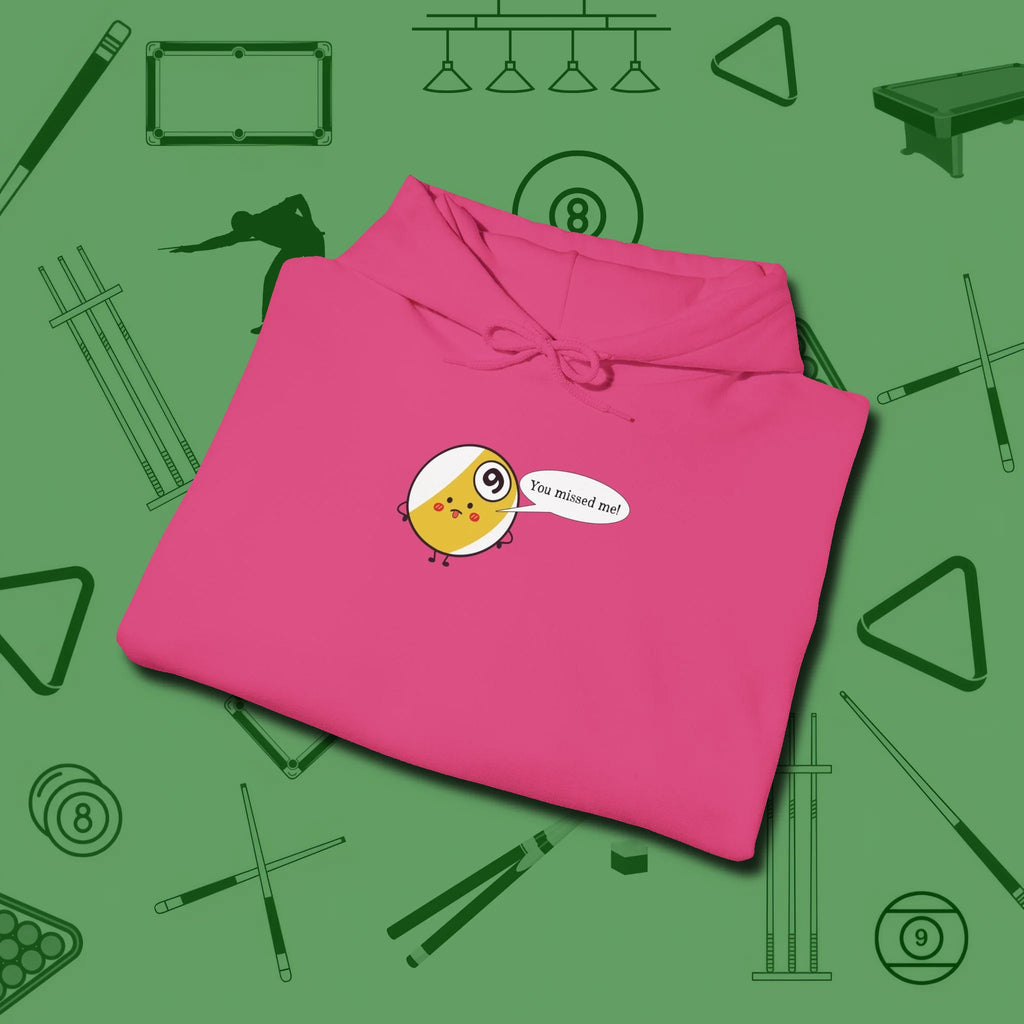 Missed Me Cartoon Nine Ball Hoodie, folded view, in Heliconia from chalk to clutch, look the part