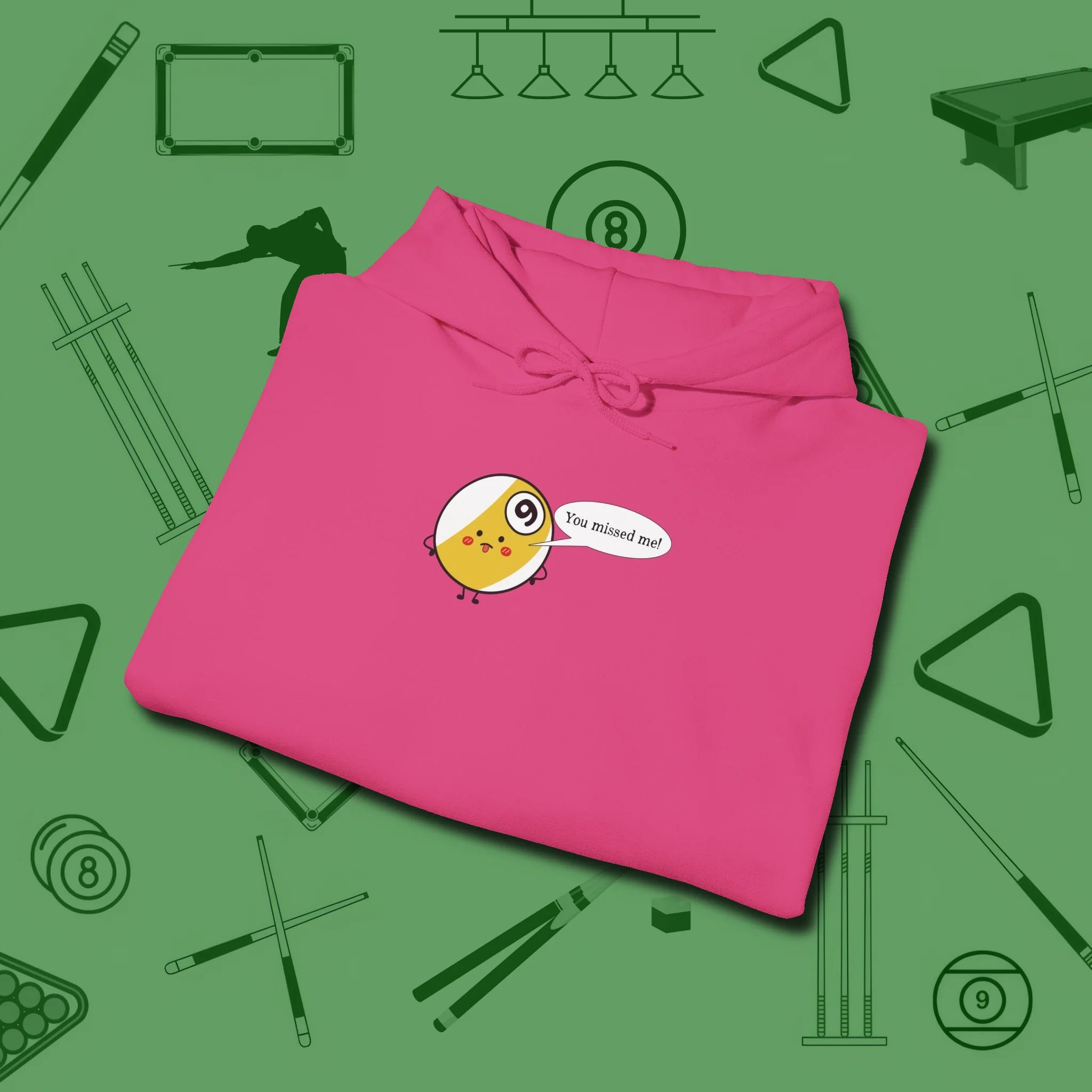 Missed Me Cartoon Nine Ball Hoodie, folded view, in Heliconia from chalk to clutch, look the part