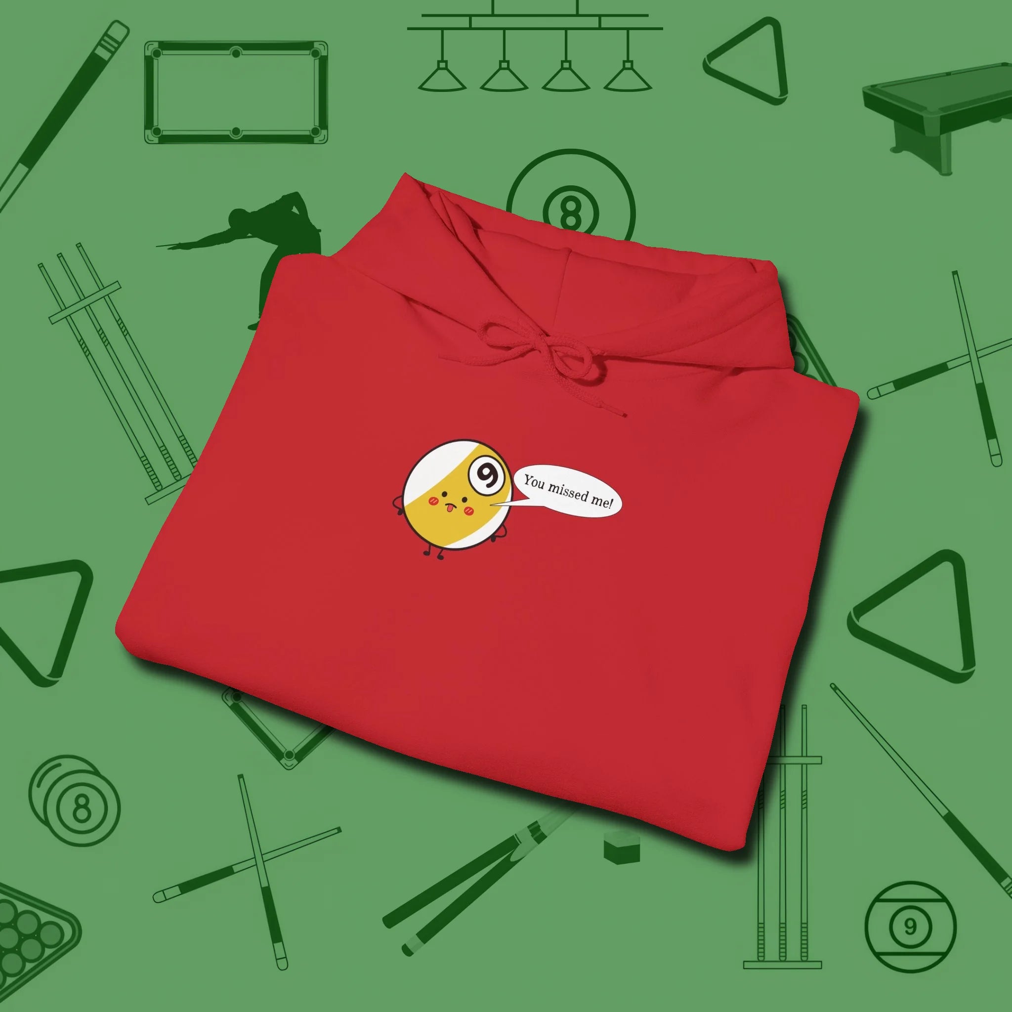 Missed Me Cartoon Nine Ball Hoodie, folded view, in Red perfect for players with quiet fire