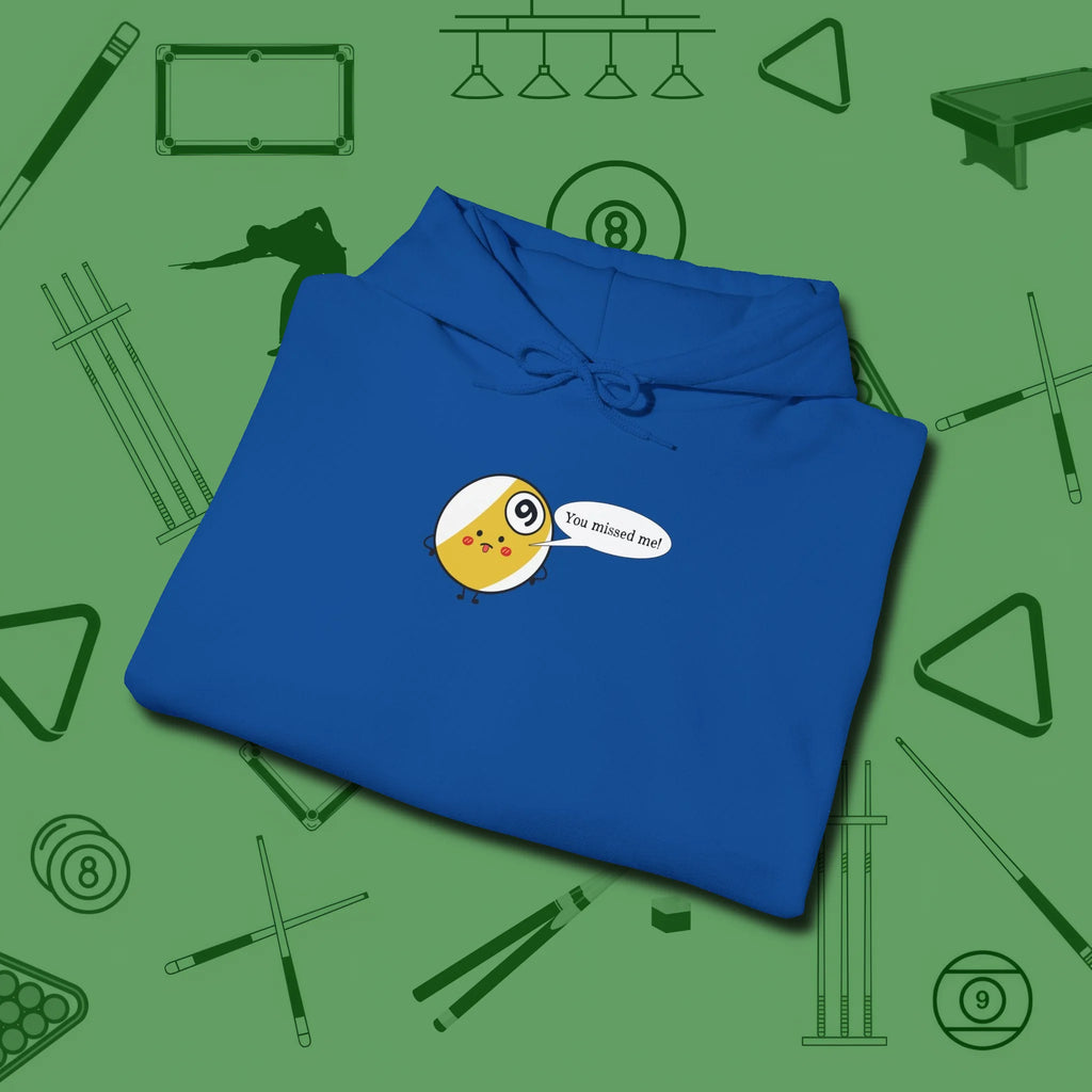 Missed Me Cartoon Nine Ball Hoodie, folded view, in Royal where cue control meets personal style