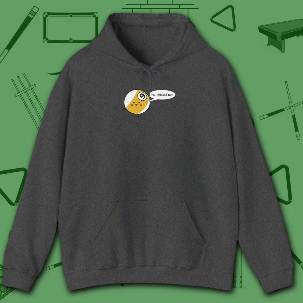 Missed Me Cartoon Nine Ball Hoodie, in Dark Heather color, billiards hoodie, front view