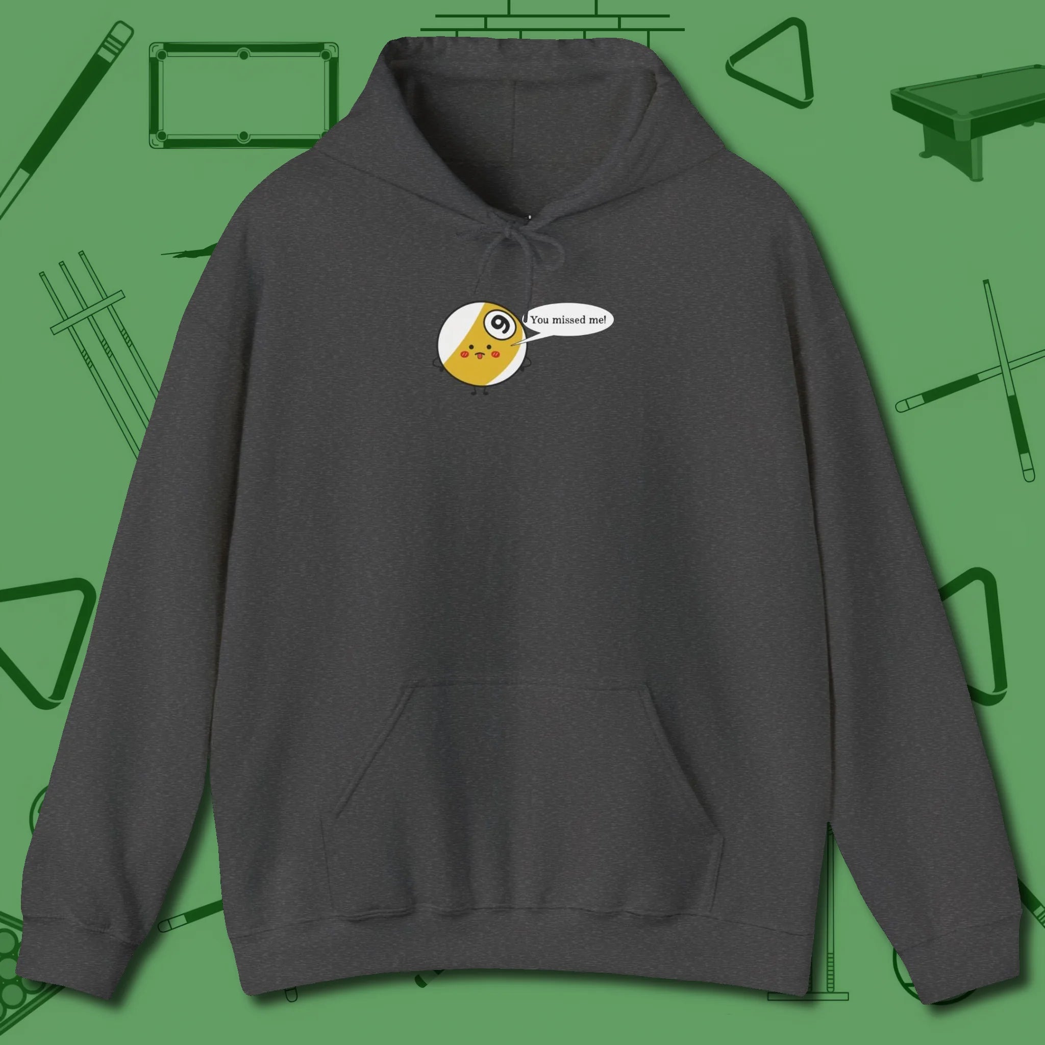 Missed Me Cartoon Nine Ball Hoodie, front view, in Forest Green cue sports swagger done right