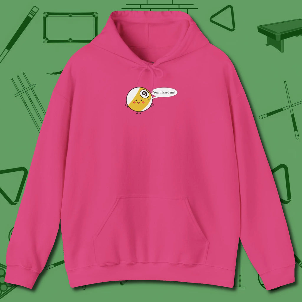 Missed Me Cartoon Nine Ball Hoodie, front view, in Heliconia a clean fit for the dirtiest safeties