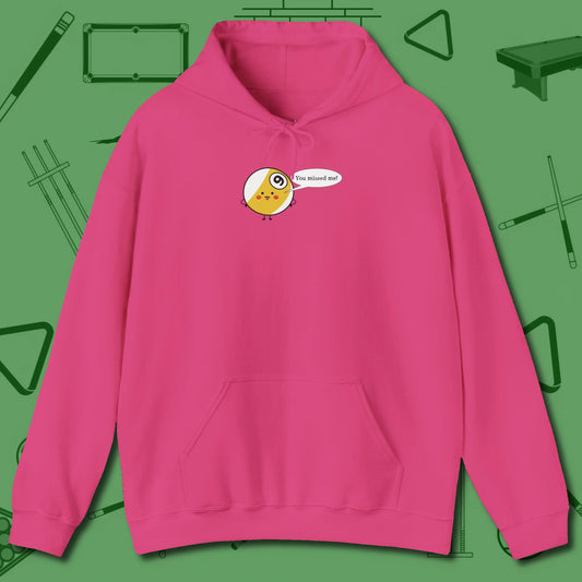 Missed Me Cartoon Nine Ball Hoodie, front view, in Heliconia a clean fit for the dirtiest safeties
