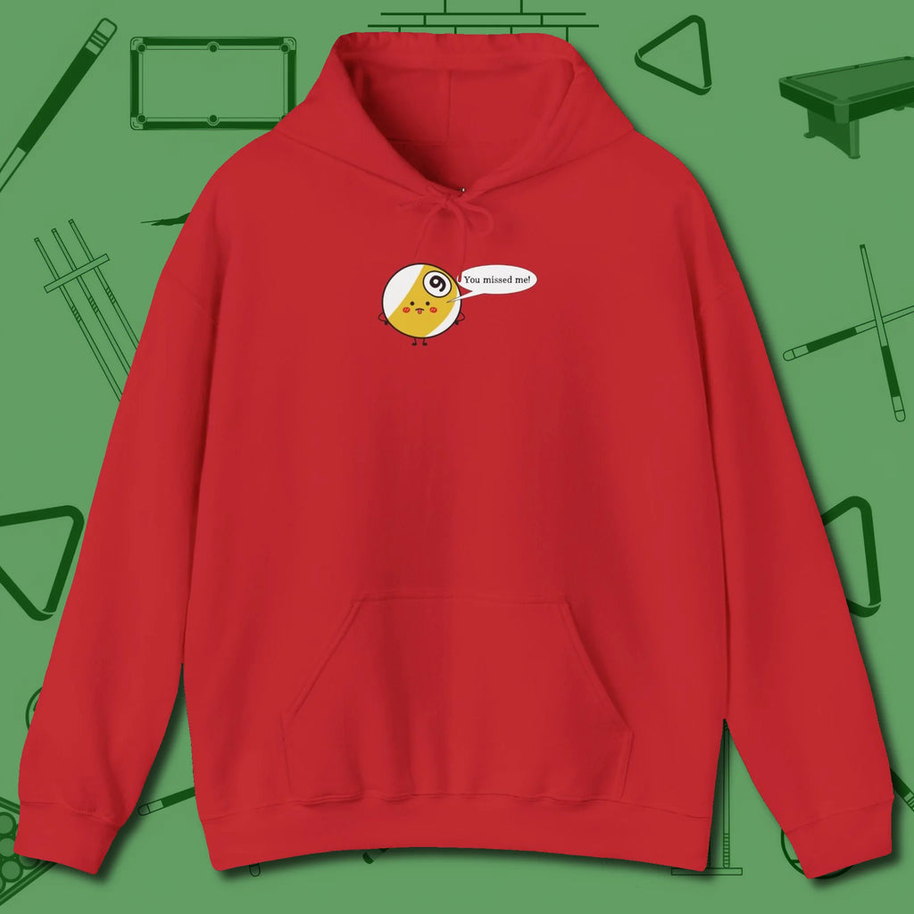 Missed Me Cartoon Nine Ball Hoodie, front view, in Red for shooters who dress like they play: sharp