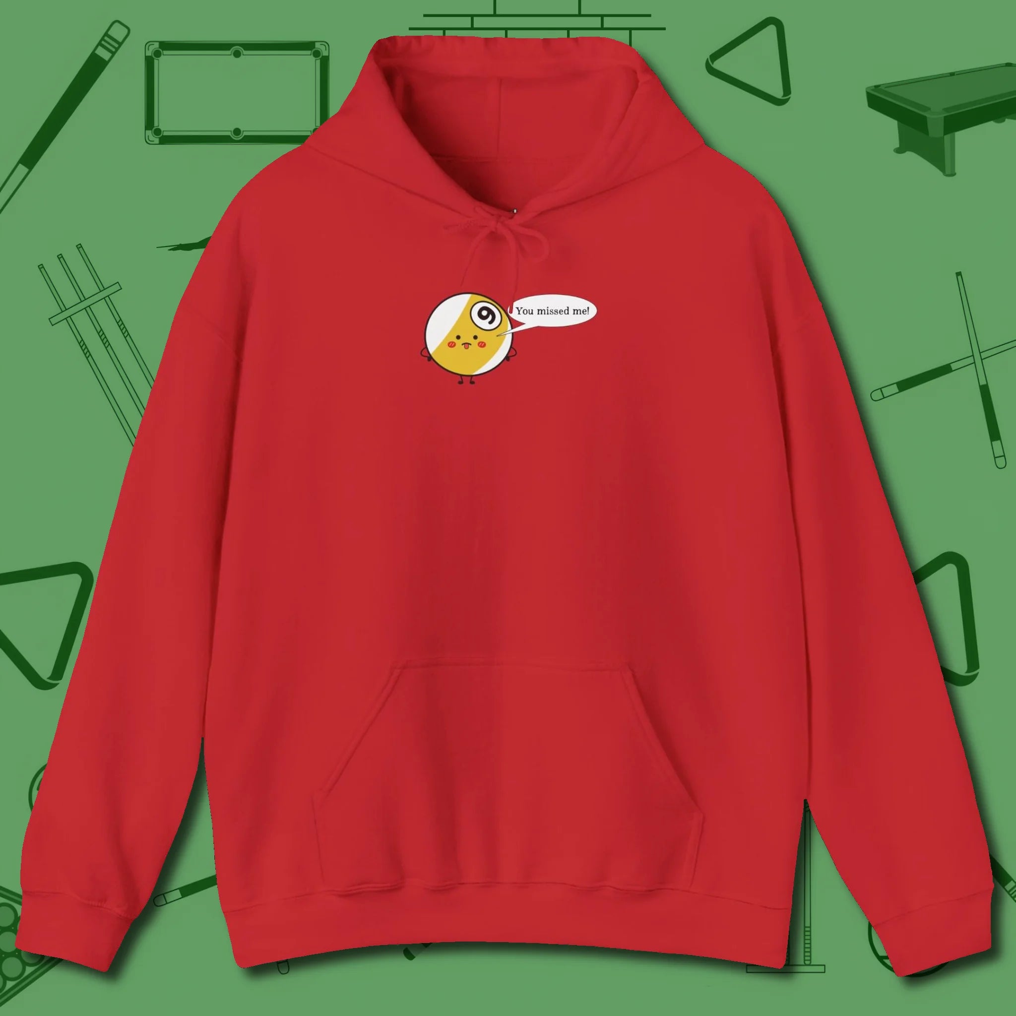 Missed Me Cartoon Nine Ball Hoodie, front view, in Red for shooters who dress like they play: sharp