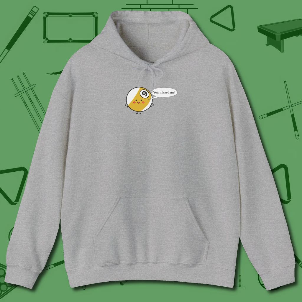 Missed Me Cartoon Nine Ball Hoodie, front view, in Sport Grey earns respect before the first shot