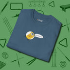 Missed Me Cartoon Nine Ball T-Shirt, folded view, in Indigo Blue cue up respect every time you wear it