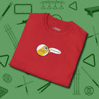 Missed Me Cartoon Nine Ball T-Shirt, folded view, in Red cue up respect every time you wear it
