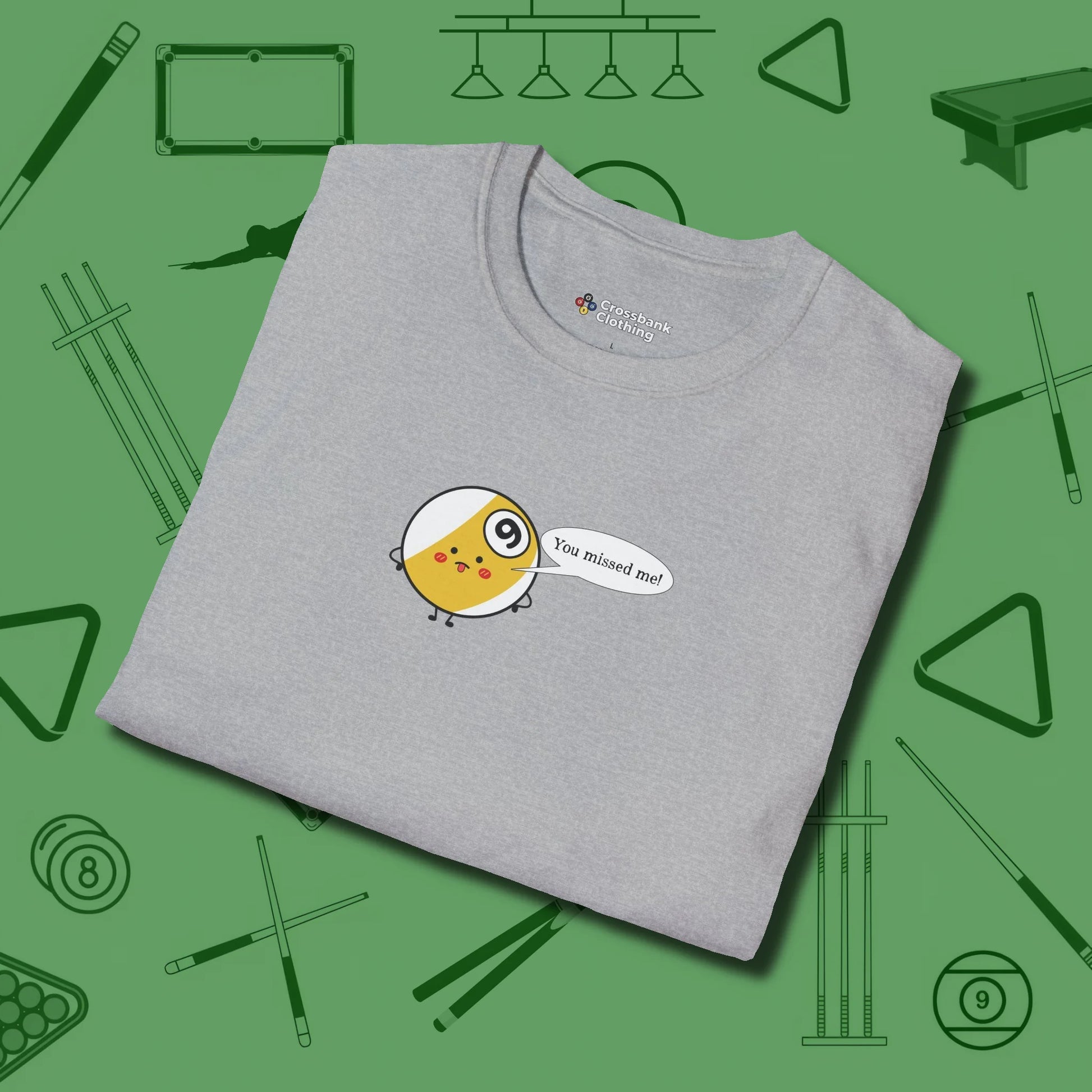 Missed Me Cartoon Nine Ball T-Shirt, folded view, in Sport Grey a clean fit for the dirtiest safeties