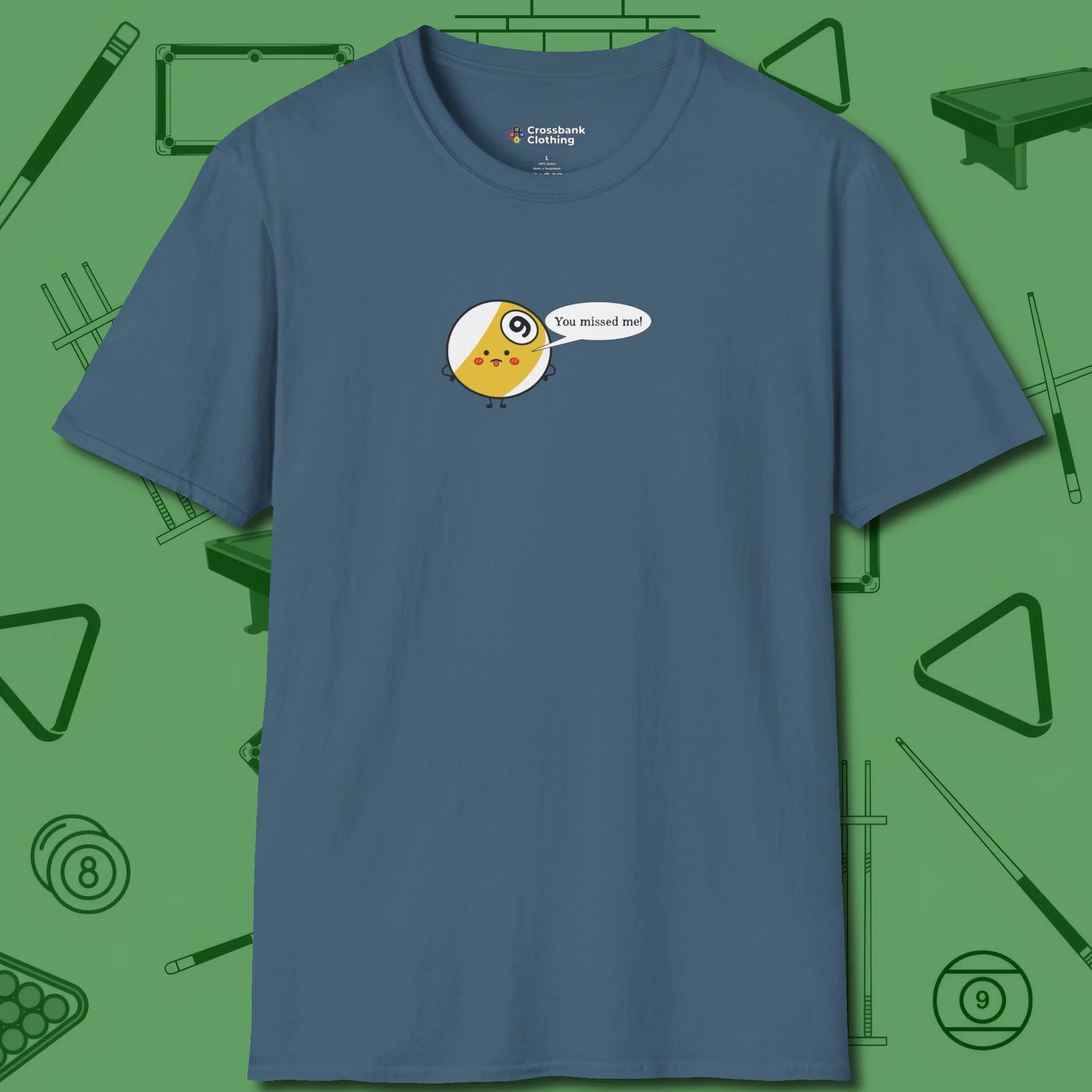 Missed Me Cartoon Nine Ball T-Shirt, front view, in Indigo Blue for hustlers who keep it honest