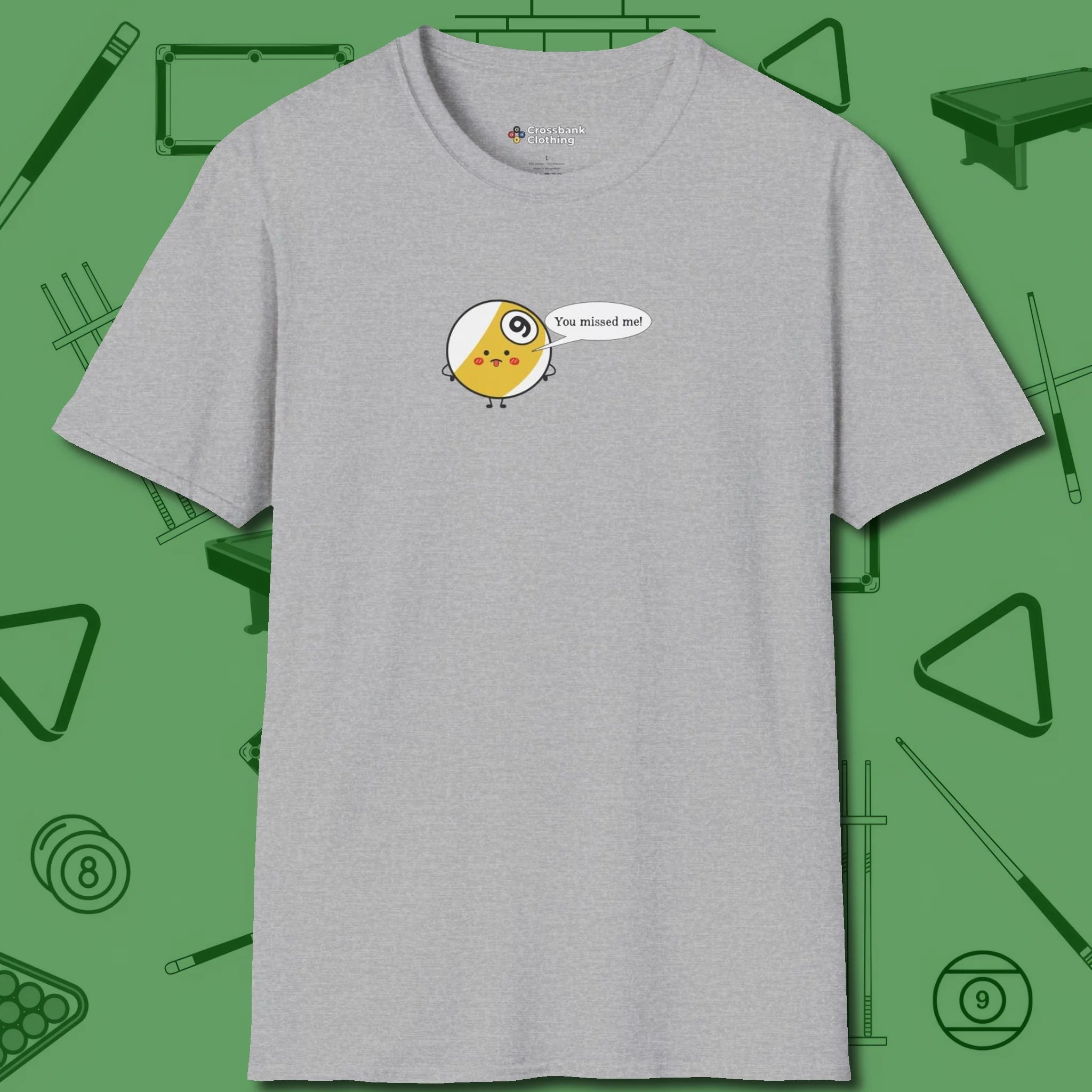 Missed Me Cartoon Nine Ball T-Shirt, front view, in Sport Grey ideal for clean hits and clean fits