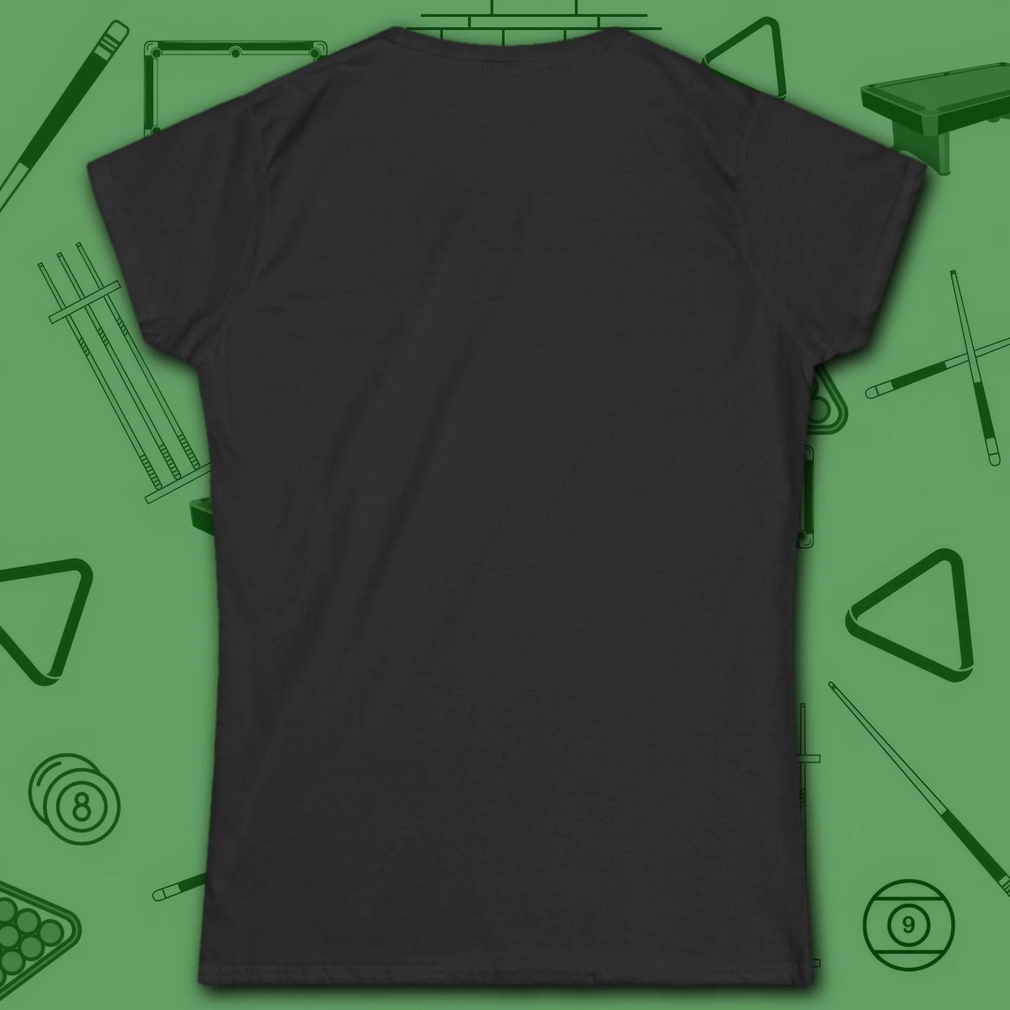 Missed Me Cartoon Nine Ball Women's Cut Tee, in Black color, billiards shirt, back view