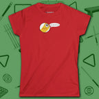 Missed Me Cartoon Nine Ball Women's Cut Tee, in Azalea color, billiards shirt, front view