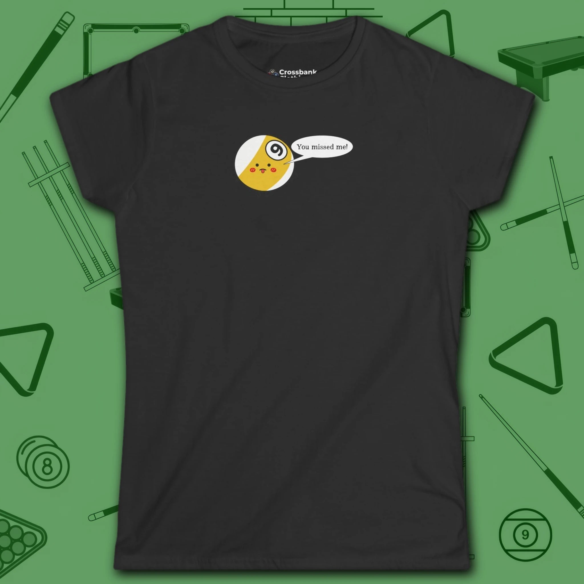 Missed Me Cartoon Nine Ball Women's Cut Tee, in Light Blue color, billiards shirt, front view