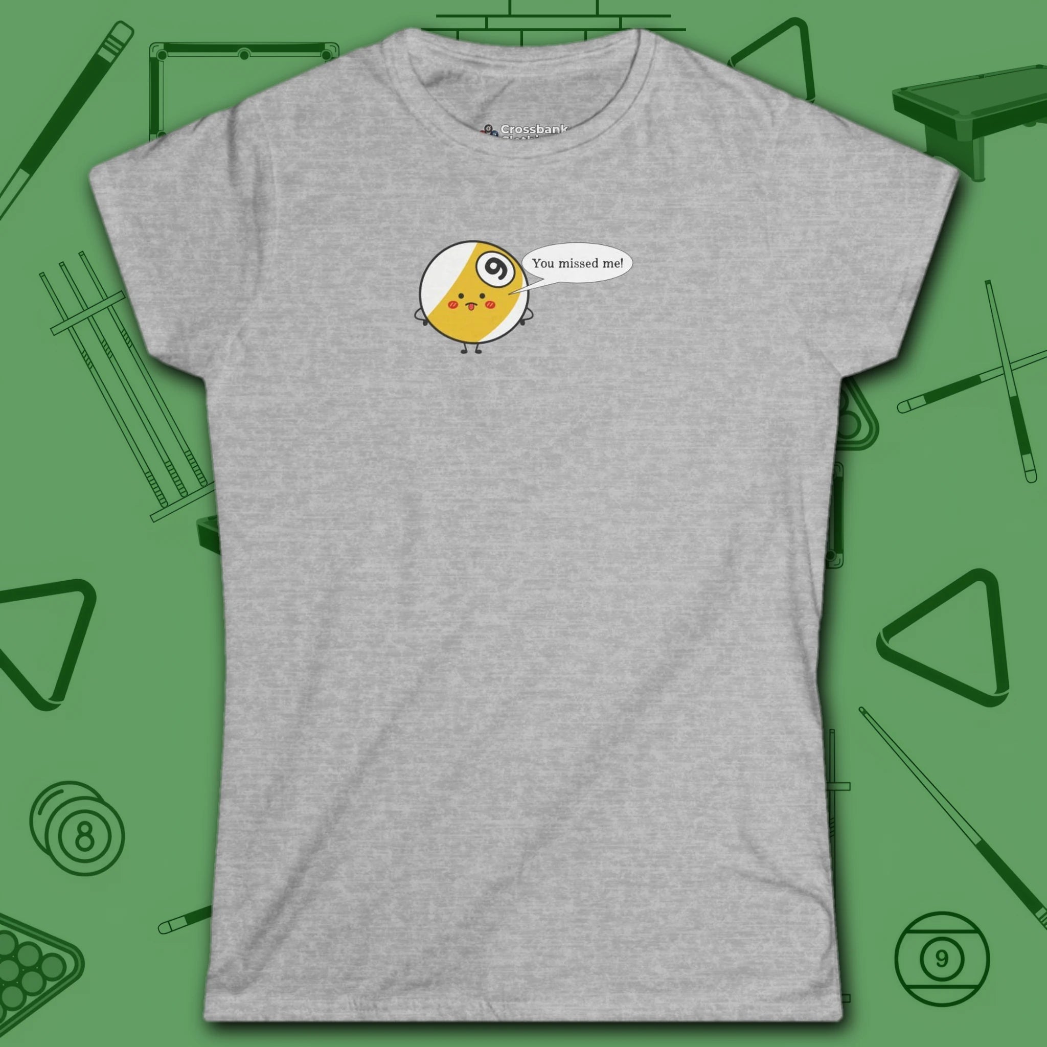 Missed Me Cartoon Nine Ball Women's Cut Tee, in Navy color, billiards shirt, front view