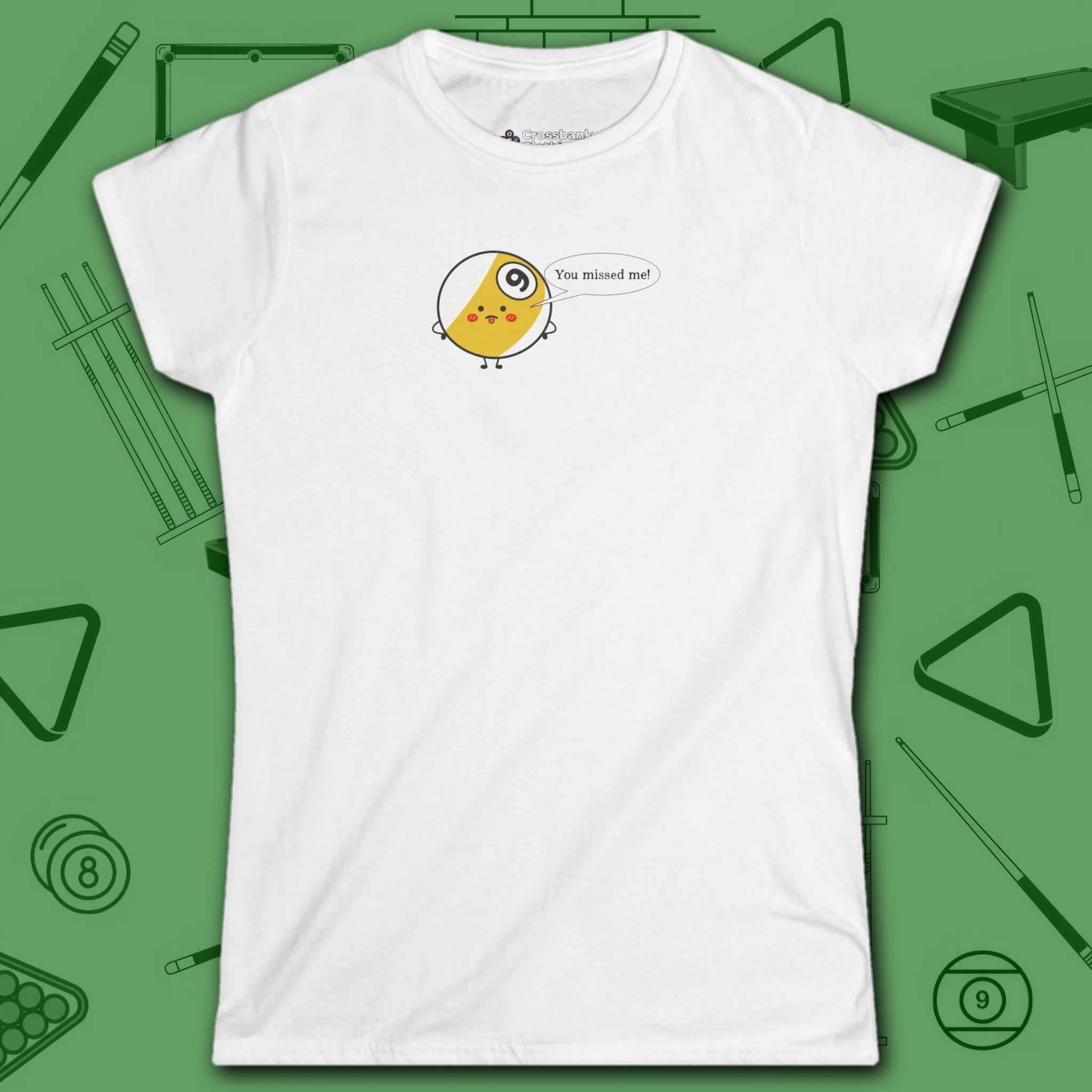 Missed Me Cartoon Nine Ball Women's Cut Tee, in Sport Grey color, billiards shirt, front view