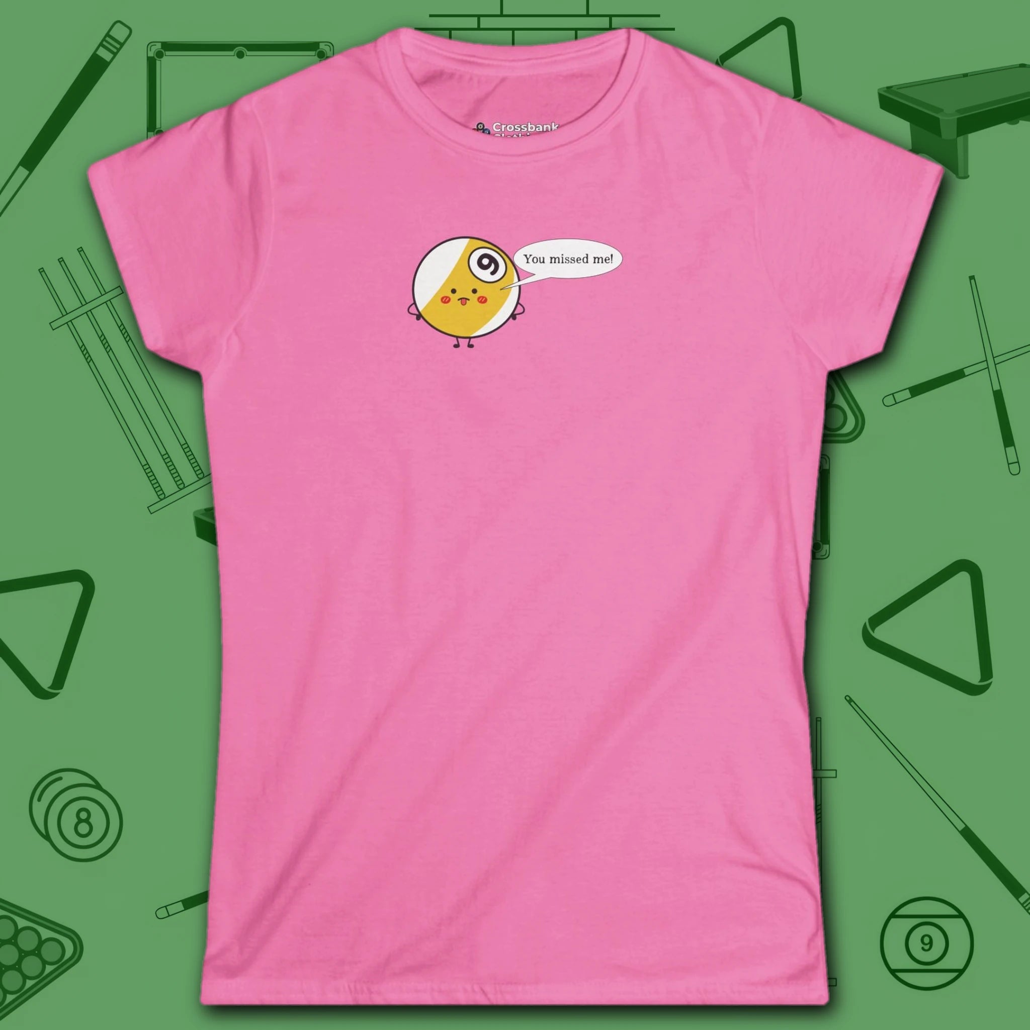 Missed Me Cartoon Nine Ball Women's Cut Tee, in White color, billiards shirt, front view