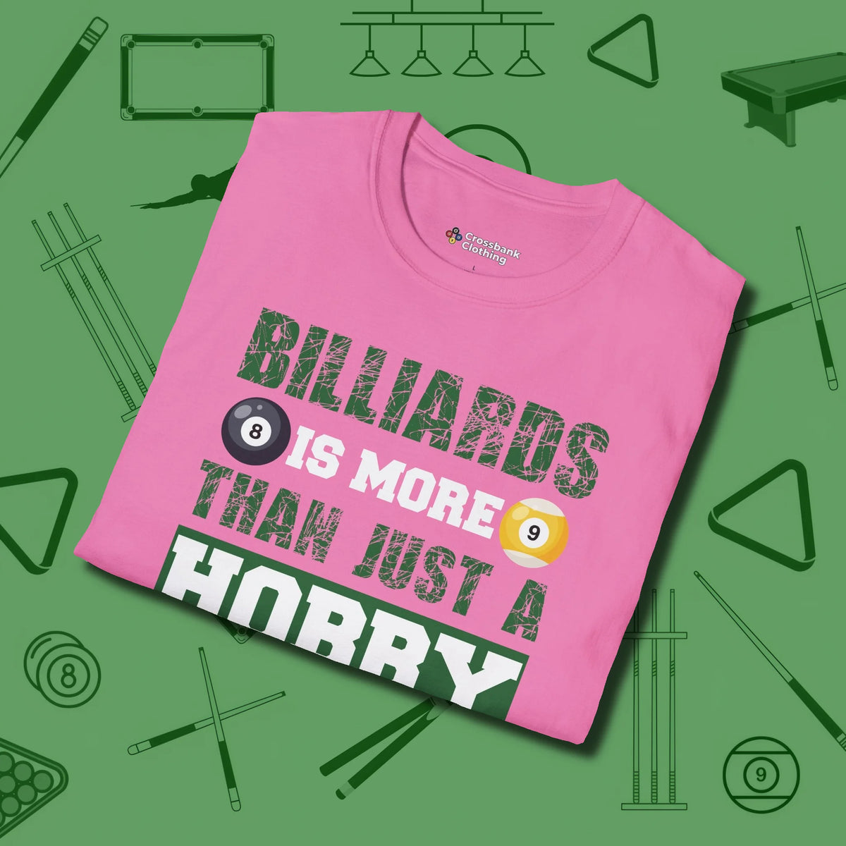 More Than A Hobby T-Shirt, folded view, in Azalea styled to dominate from rack to run-out