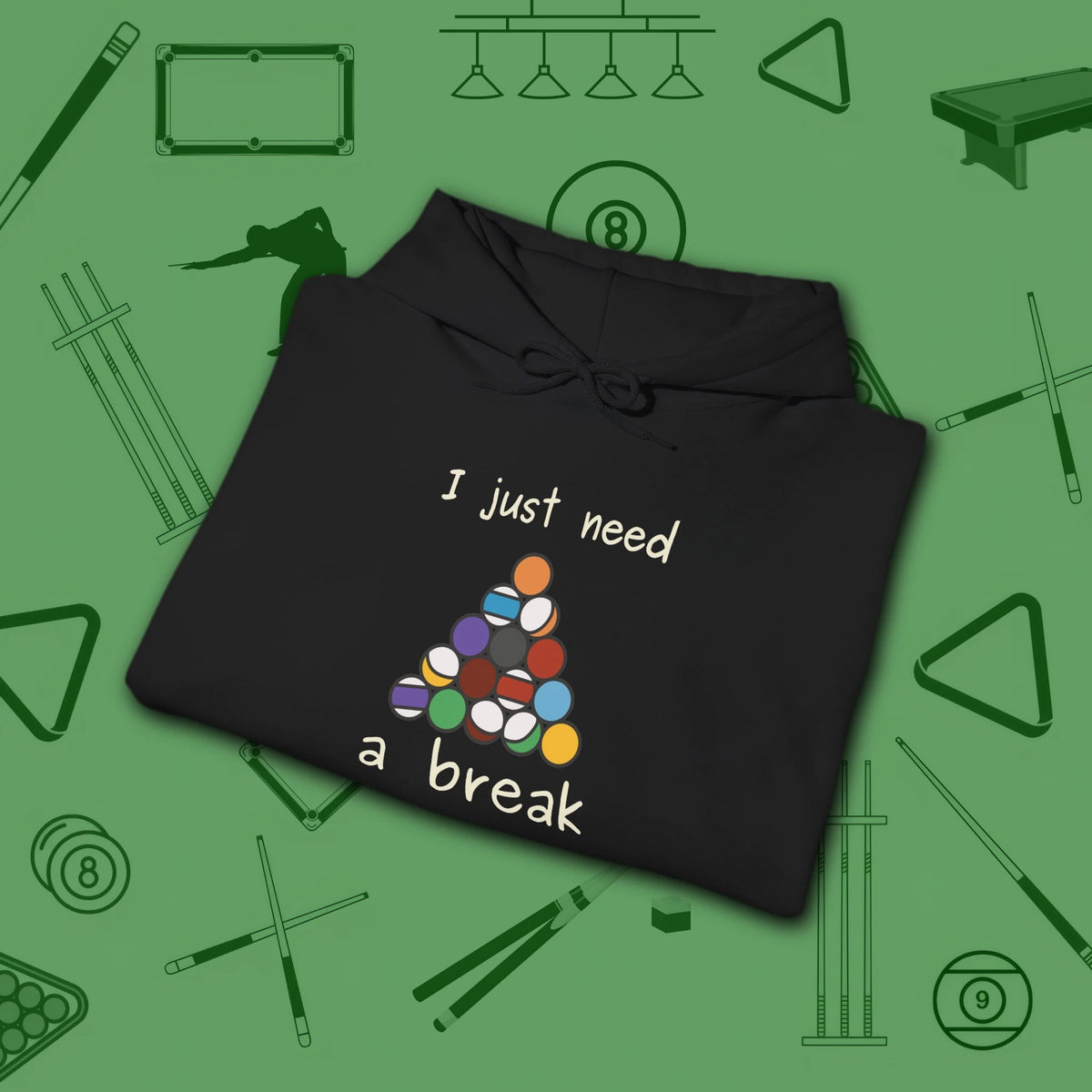 Need a Break 8-Ball Hoodie, in Black color, billiards hoodie, folded view