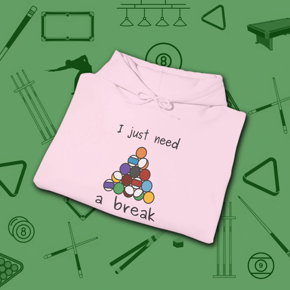 Need a Break 8-Ball Hoodie, in Light Pink color, billiards hoodie, folded view