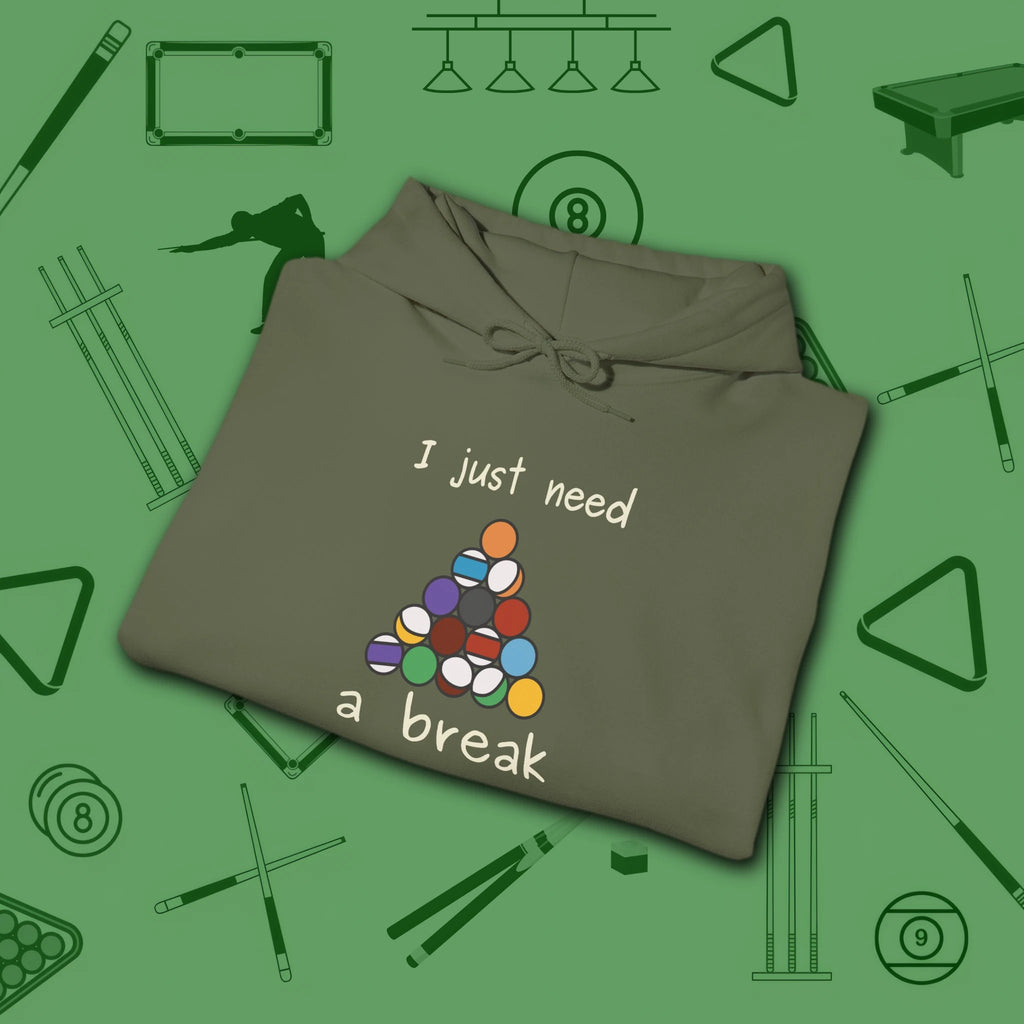 Need a Break 8-Ball Hoodie, in Military Green color, billiards hoodie, folded view