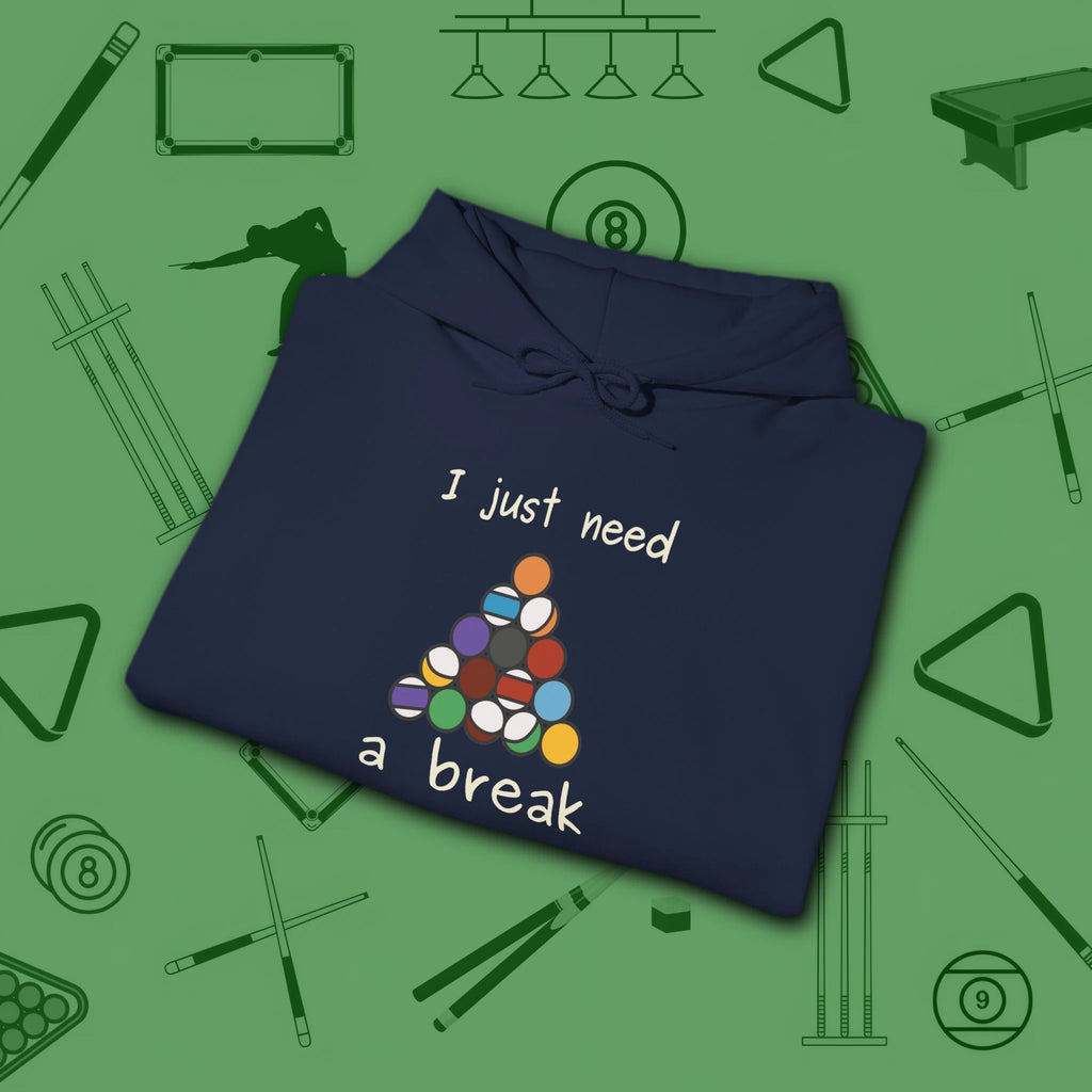 Need a Break 8-Ball Hoodie, in Navy color, billiards hoodie, folded view