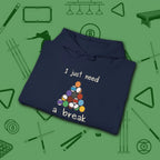 Need a Break 8-Ball Hoodie, in Navy color, billiards hoodie, folded view