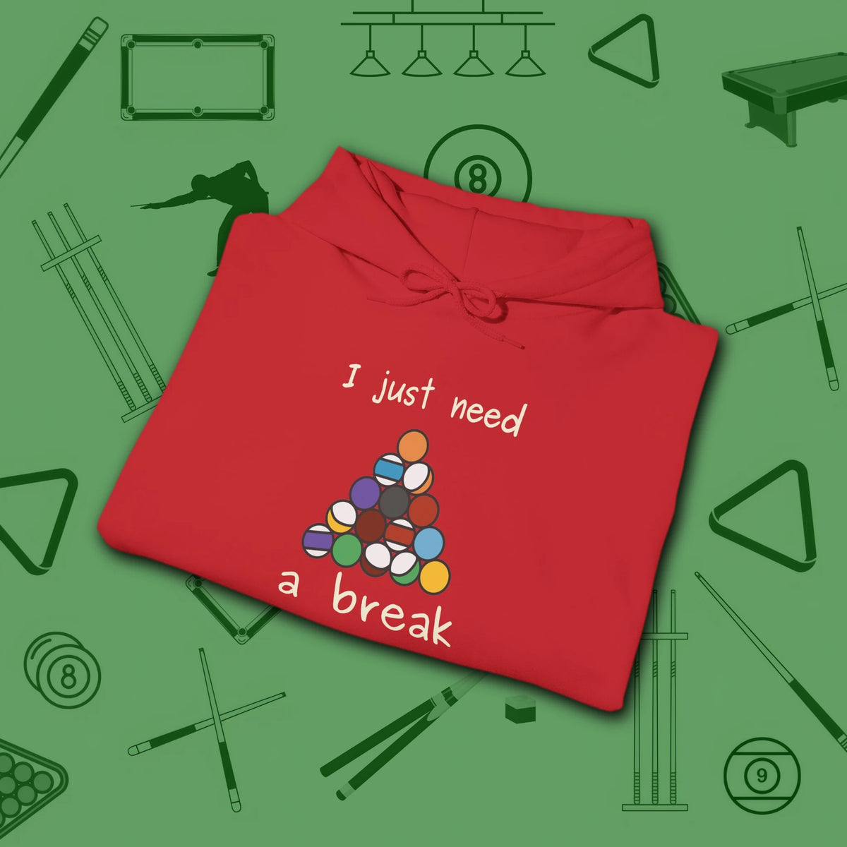 Need a Break 8-Ball Hoodie, in Red color, billiards hoodie, folded view