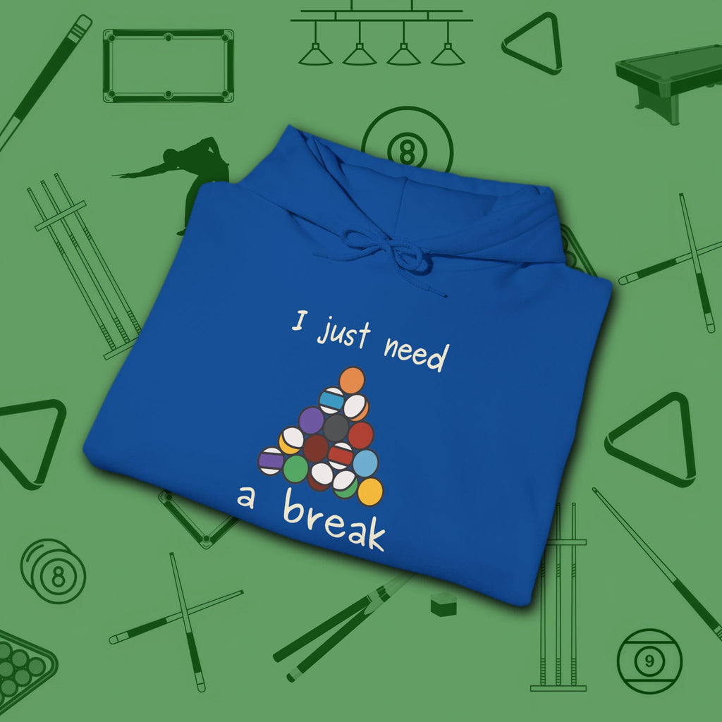 Need a Break 8-Ball Hoodie, in Royal color, billiards hoodie, folded view