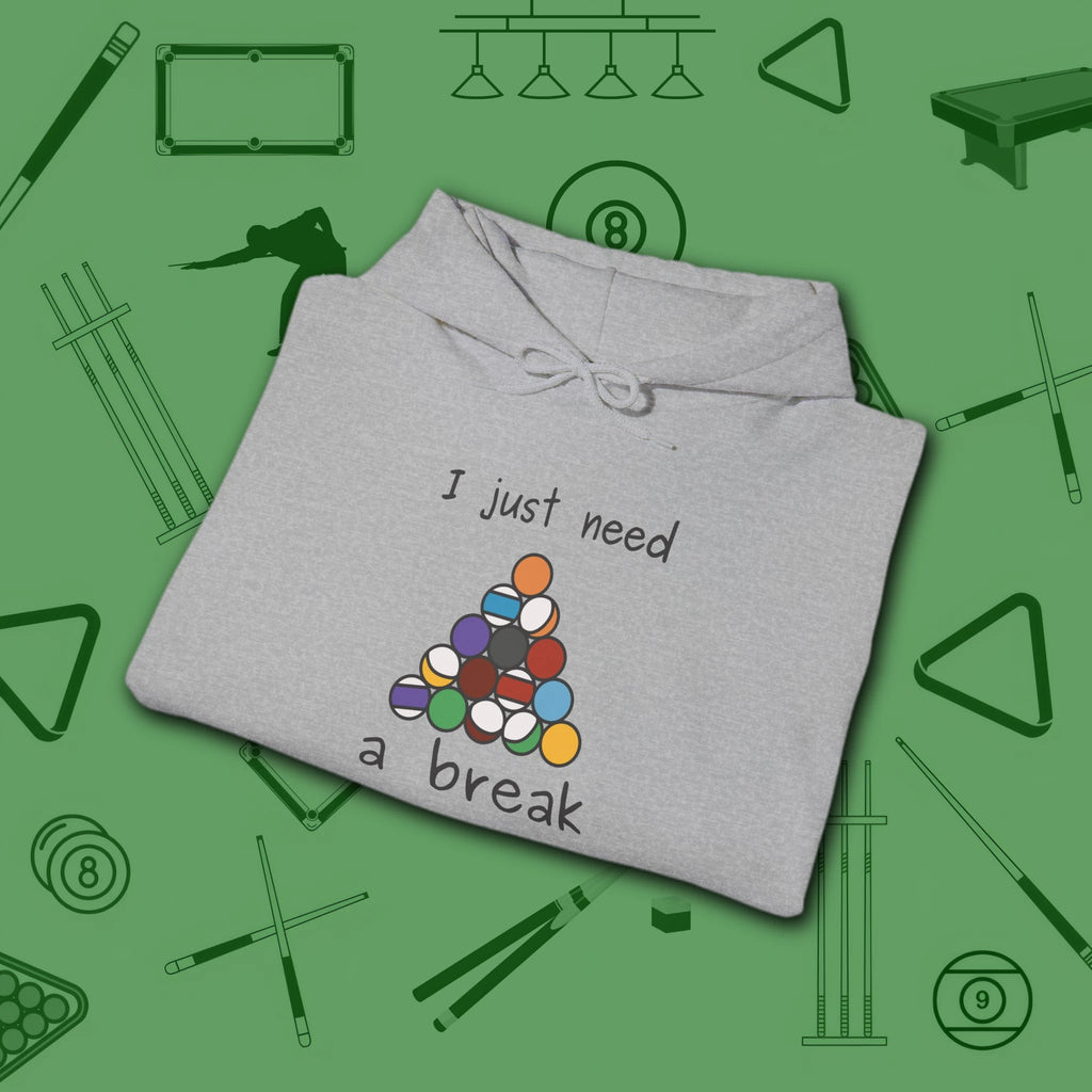 Need a Break 8-Ball Hoodie, in Sport Grey color, billiards hoodie, folded view