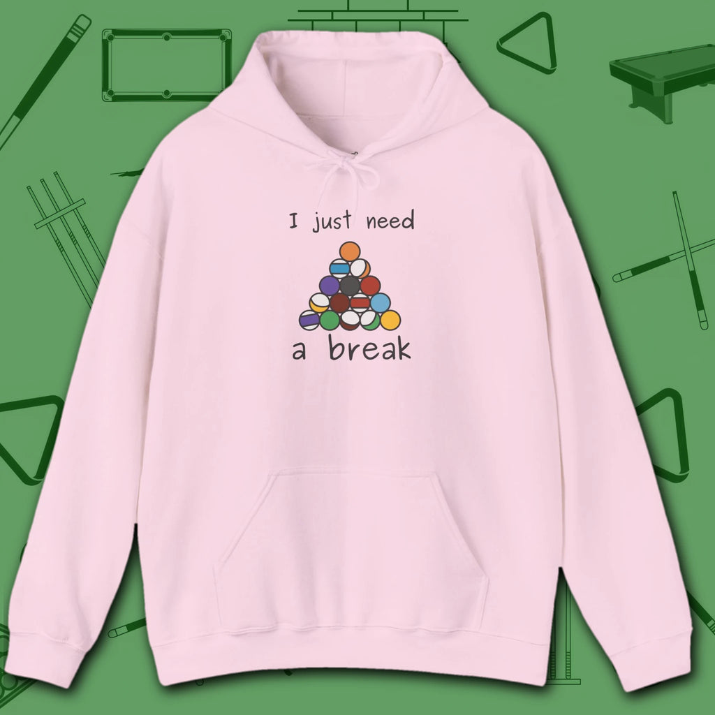 Need a Break 8-Ball Hoodie, in Light Pink color, billiards hoodie, front view