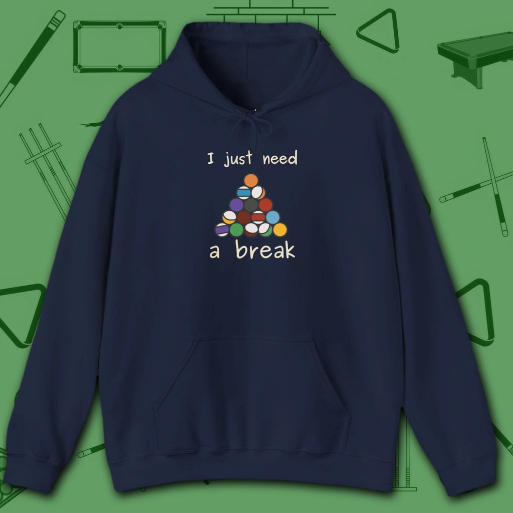 Need a Break 8-Ball Hoodie, in Navy color, billiards hoodie, front view