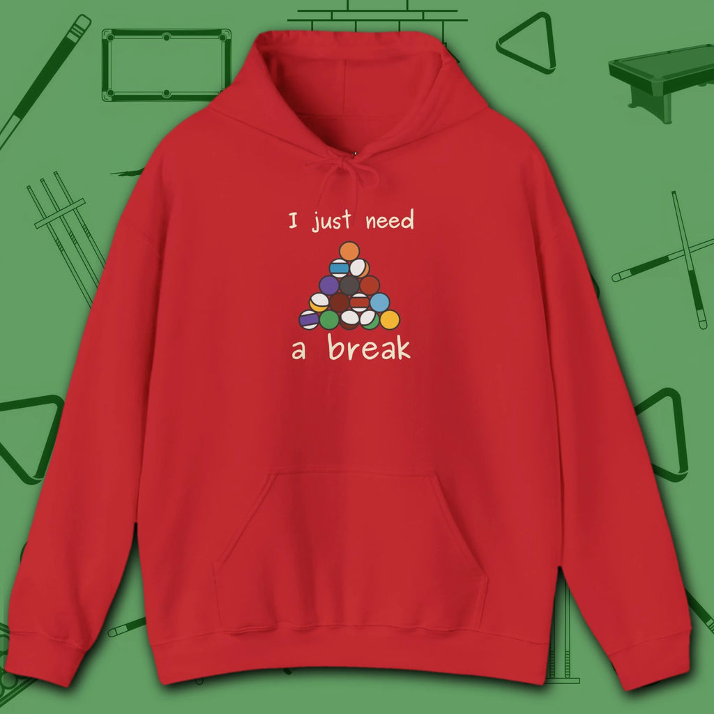 Need a Break 8-Ball Hoodie, in Red color, billiards hoodie, front view