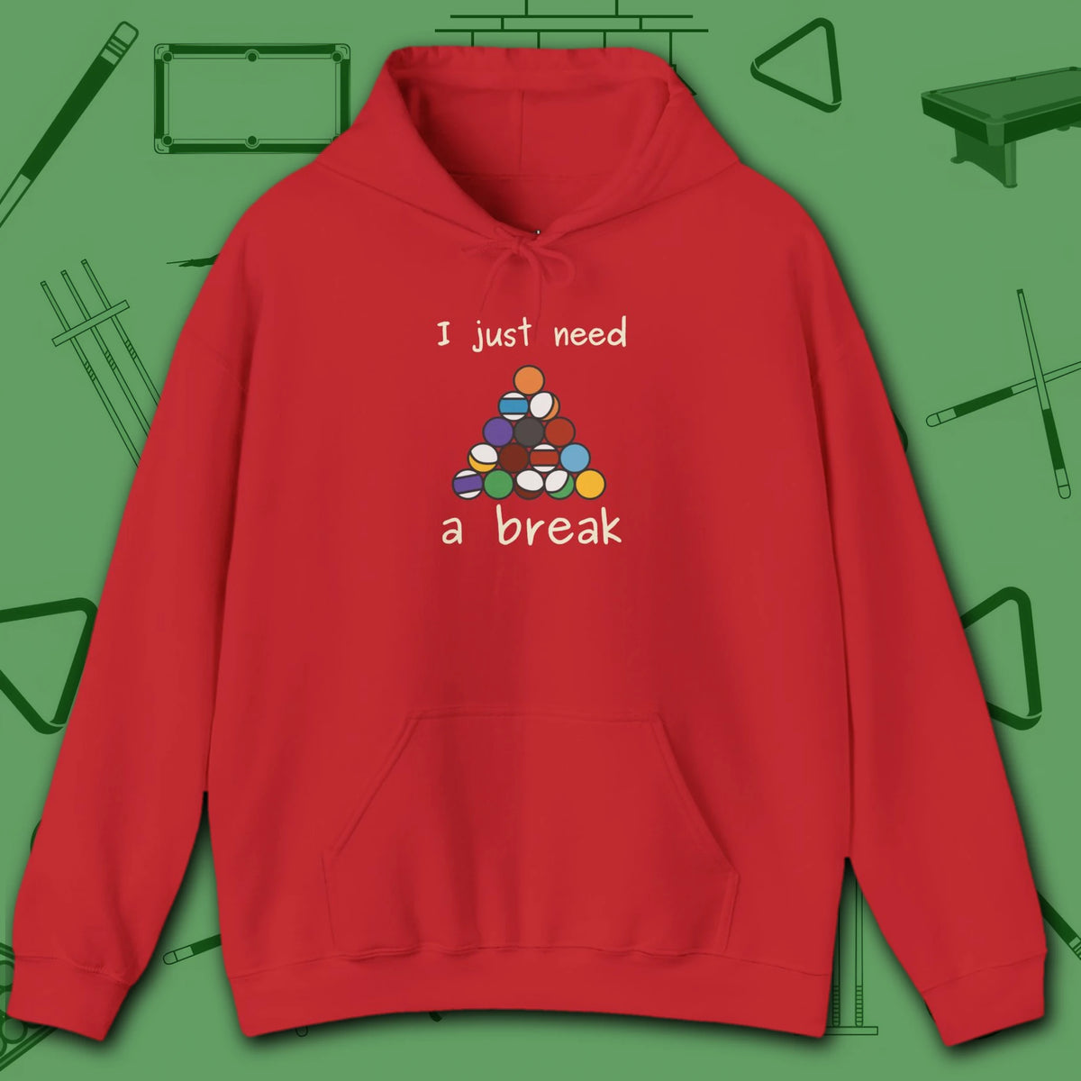 Need a Break 8-Ball Hoodie, in Red color, billiards hoodie, front view
