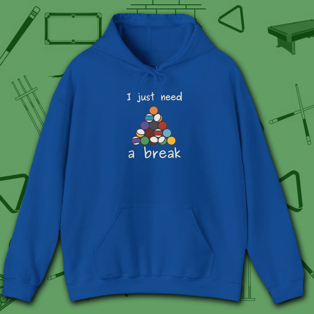 Need a Break 8-Ball Hoodie, in Royal color, billiards hoodie, front view