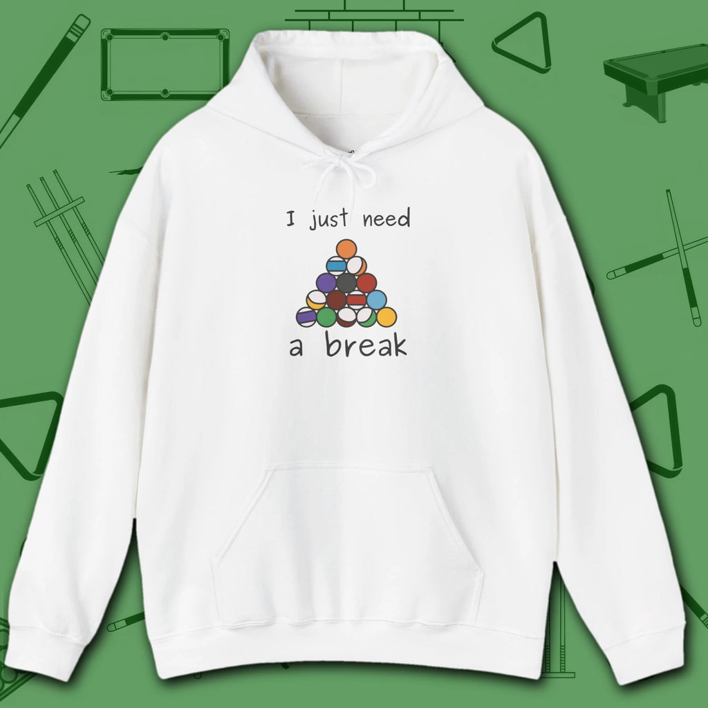 Need a Break 8-Ball Hoodie, in White color, billiards hoodie, front view