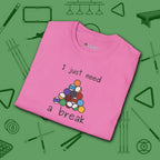 Need a Break 8-Ball T-Shirt, in Azalea color, billiards shirt, folded view