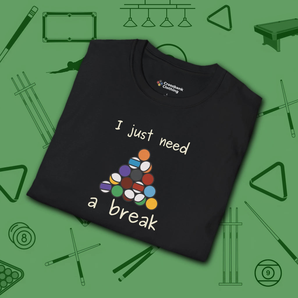 Need a Break 8-Ball T-Shirt, in Black color, billiards shirt, folded view