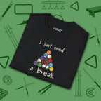 Need a Break 8-Ball T-Shirt, in Black color, billiards shirt, folded view