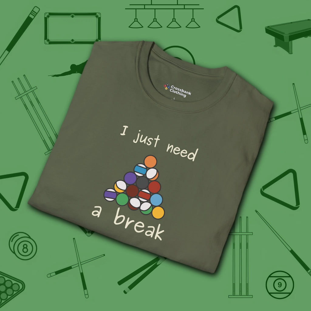 Need a Break 8-Ball T-Shirt, in Military Green color, billiards shirt, folded view