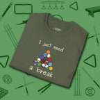 Need a Break 8-Ball T-Shirt, in Military Green color, billiards shirt, folded view