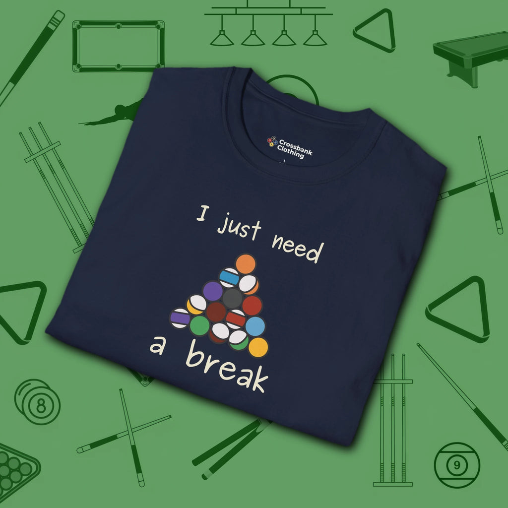 Need a Break 8-Ball T-Shirt, in Navy color, billiards shirt, folded view