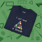 Need a Break 8-Ball T-Shirt, in Navy color, billiards shirt, folded view